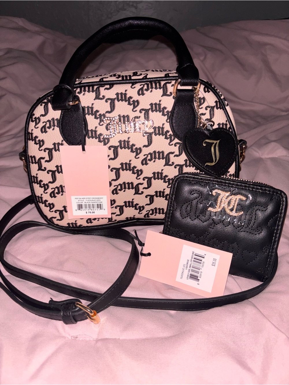 Juicy Couture Black Sandstone “Pep In Her Step” & Black “Lovely Girl” Zip Wallet